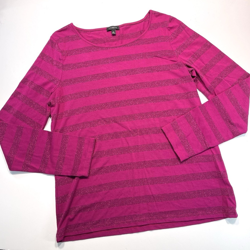 Talbots Long Sleeve‎ Pink Striped Top Solid And Metallic Size Medium